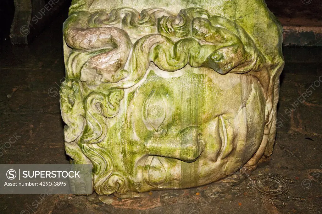 The head of Medusa at the base of a column, Basilica Cistern, Yerebatan Sarnici, Sultanahmet, Istanbul, Turkey