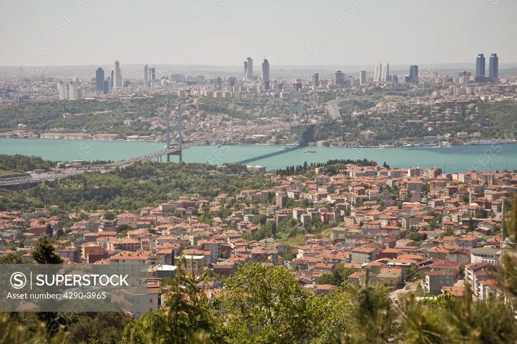 Panoramic view of the Bosphorus Bridge over the Bosphorus Strait, from Camlica Hill, on Asian side of Istanbul, Istanbul, Turkey