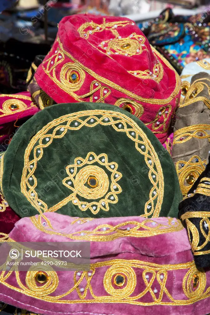 Colourful hats for sale in a street market, Istanbul, Turkey