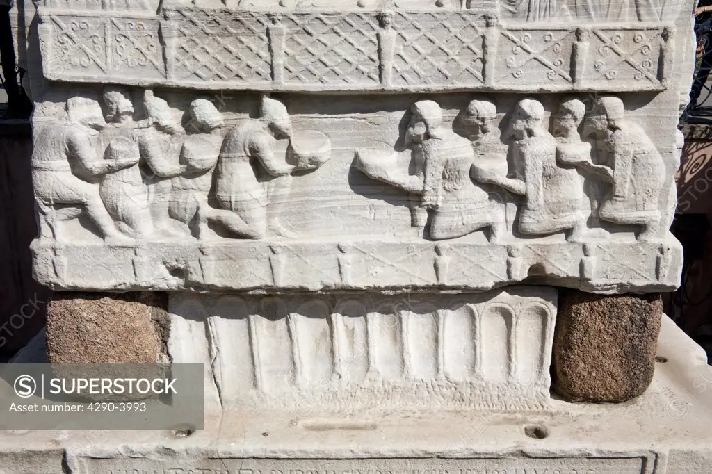 Stone carvings at the base of the Egyptian Obelisk in the Hippodrome, Istanbul, Turkey