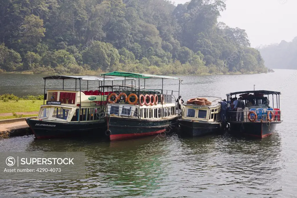 Pleasure boats, Periyar Lake, Periyar Wildlife Sanctuary, Thekkady, near Kumily, Kerala, India