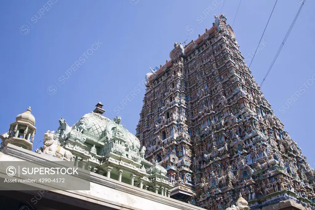 Roof of a shrine and a gopuram, Meenakshi Temple, Madurai, Tamil Nadu, India