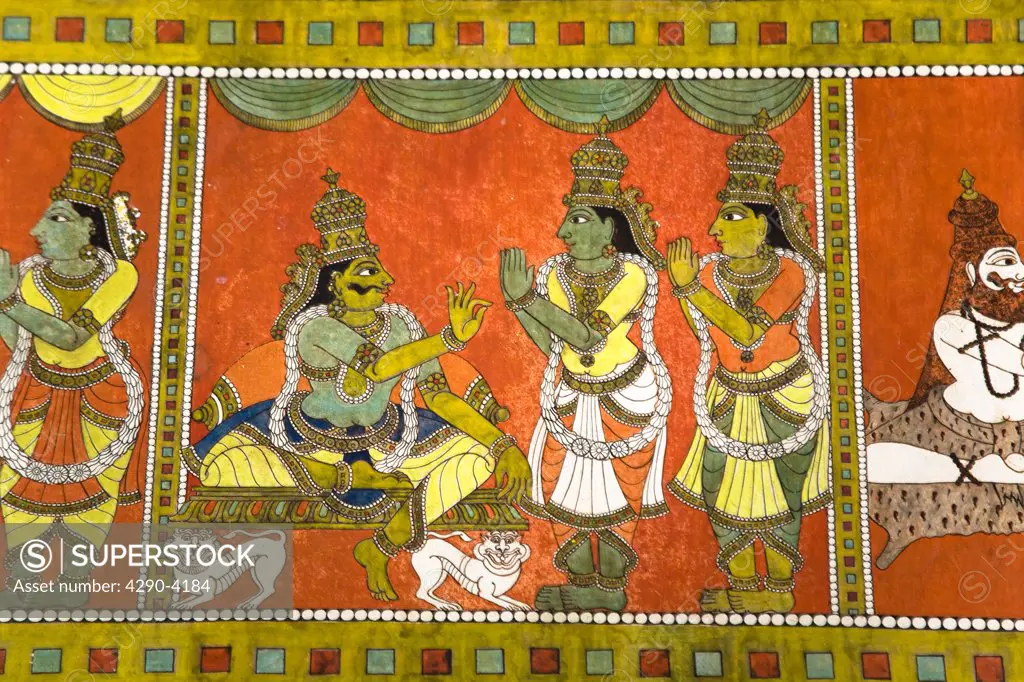 Colourful painting on a wall, Meenakshi Temple, Madurai, Tamil Nadu, India