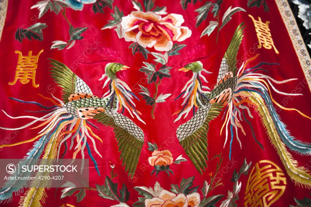 Colourful red and green Chinese embroidered silk garment for sale, China