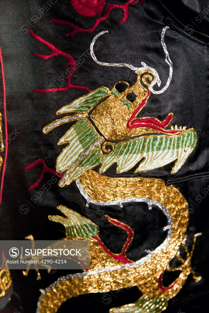 Black, gold and red Chinese embroidered silk garment depicting a dragon, for sale, China