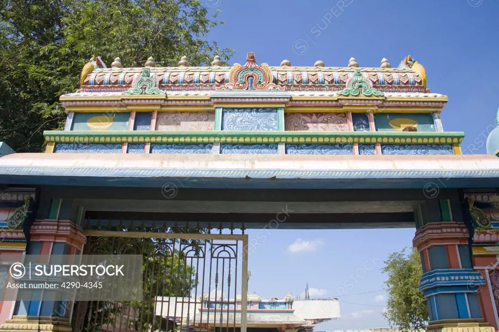 Colourful painted ornate arch, Vanni Vinayagar Temple, Sattur, Virudhunagar District, Tamil Nadu, India