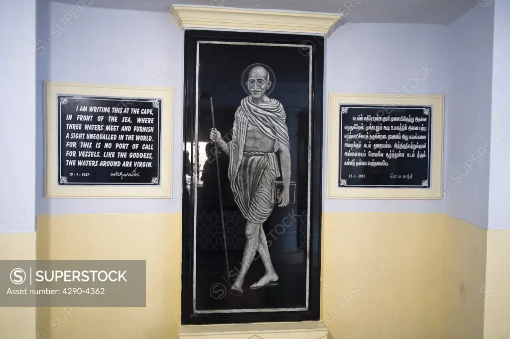 Picture of Gandhi and inscription inside Gandhi Mandapam, Kanyakumari, Tamil Nadu, India