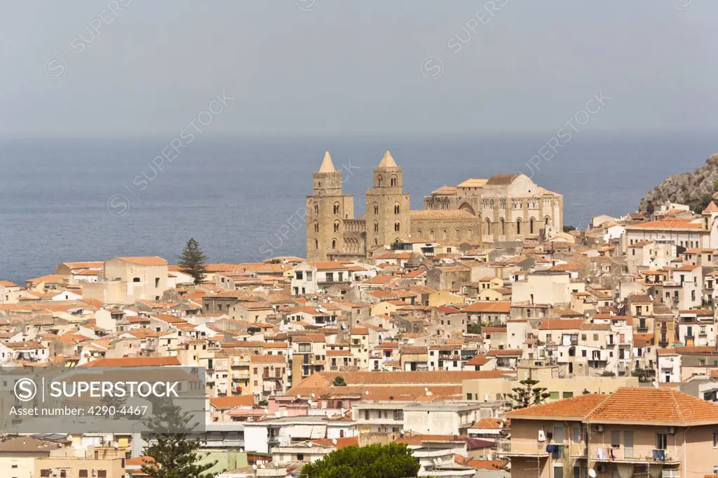 View of the town of Cefalu, including Cefalu Cathedral, Cefalu, Sicily, Italy
