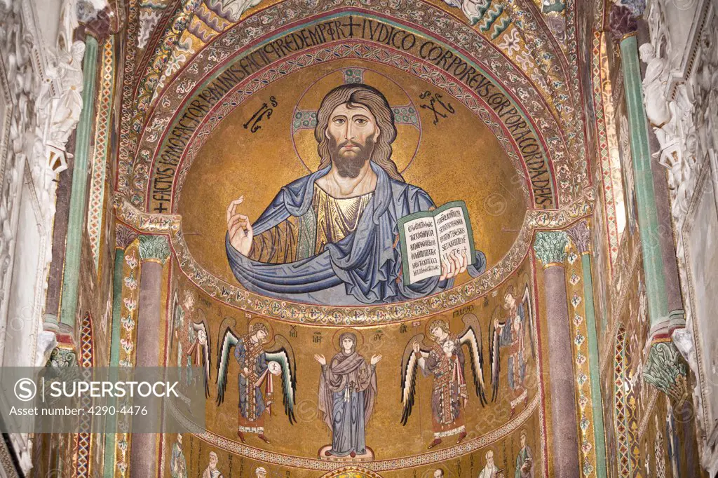 Byzantine mosaic of Christ on the ceiling of Cefalu Cathedral, Piazza Duomo, Cefalu, Sicily, Italy