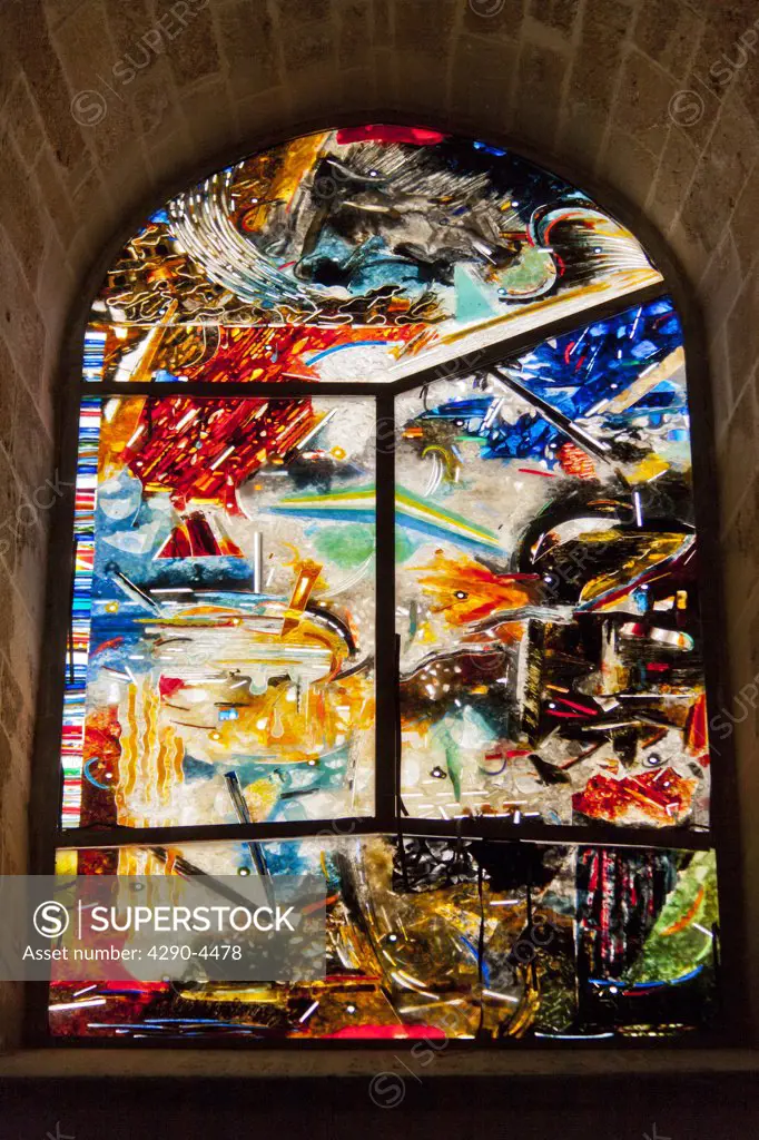Stained glass window in Cefalu Cathedral, Piazza Duomo, Cefalu, Sicily, Italy
