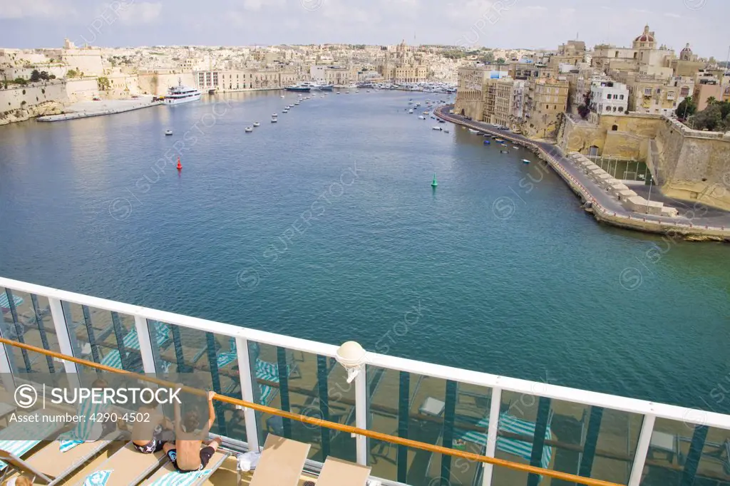 View of cruise ship passengers looking out to the harbour, Valletta, Malta