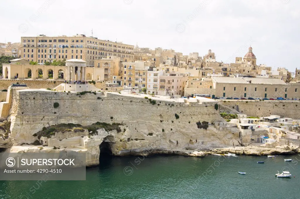 View of World War II Siege Monument, Lower Barracca Gardens and harbour, Valletta, Malta