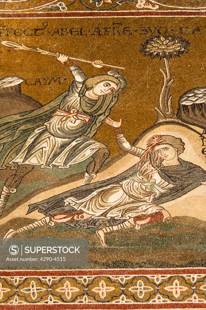 Mosaic of Cain killing Abel, inside Monreale Cathedral, Monreale, near Palermo, Sicily, Italy