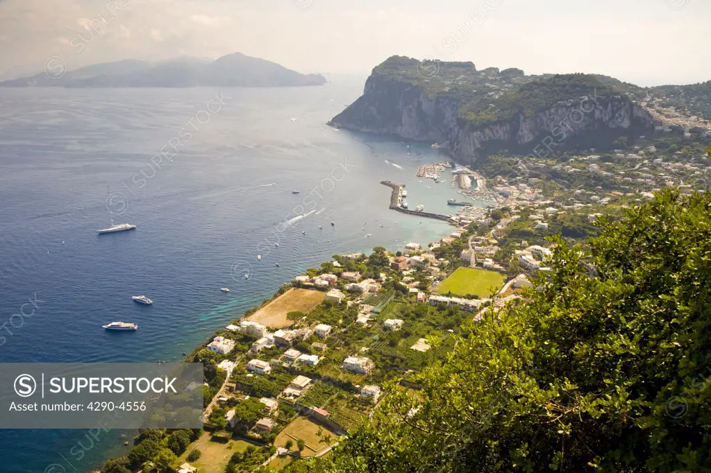 View of Isle of Capri coastline and Marina Grande, from Villa San Michele, Capri, Italy