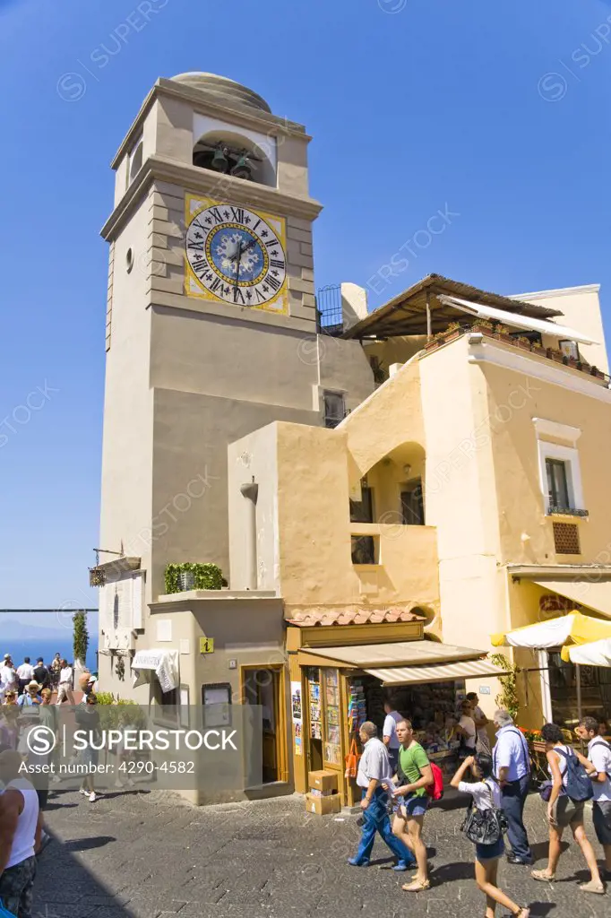 Tourists and clock tower, Piazza Umberto, Capri, Italy