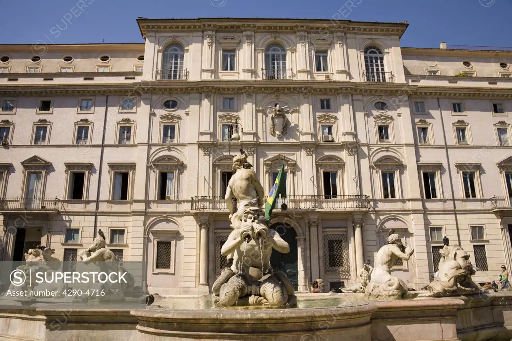 Brazilian Embassy, also known as Palazzo Pamphili, and Moro Fountain, Piazza Navona, Rome, Italy