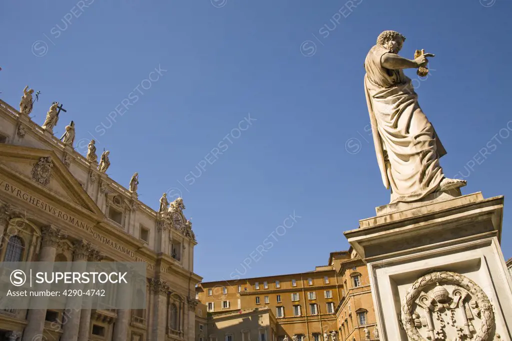 Saint Peters Basilica and Pope Pius the ninth statue, Saint Peters Square, Piazza San Pietro, Vatican City, Rome, Italy