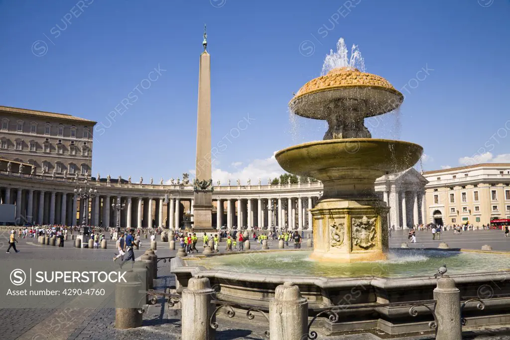 Obelisk and fountain in Saint Peters Square, Piazza San Pietro, Vatican City, Rome, Italy