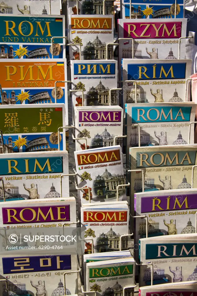 Rome guidebooks on display outside a shop, Rome, Italy