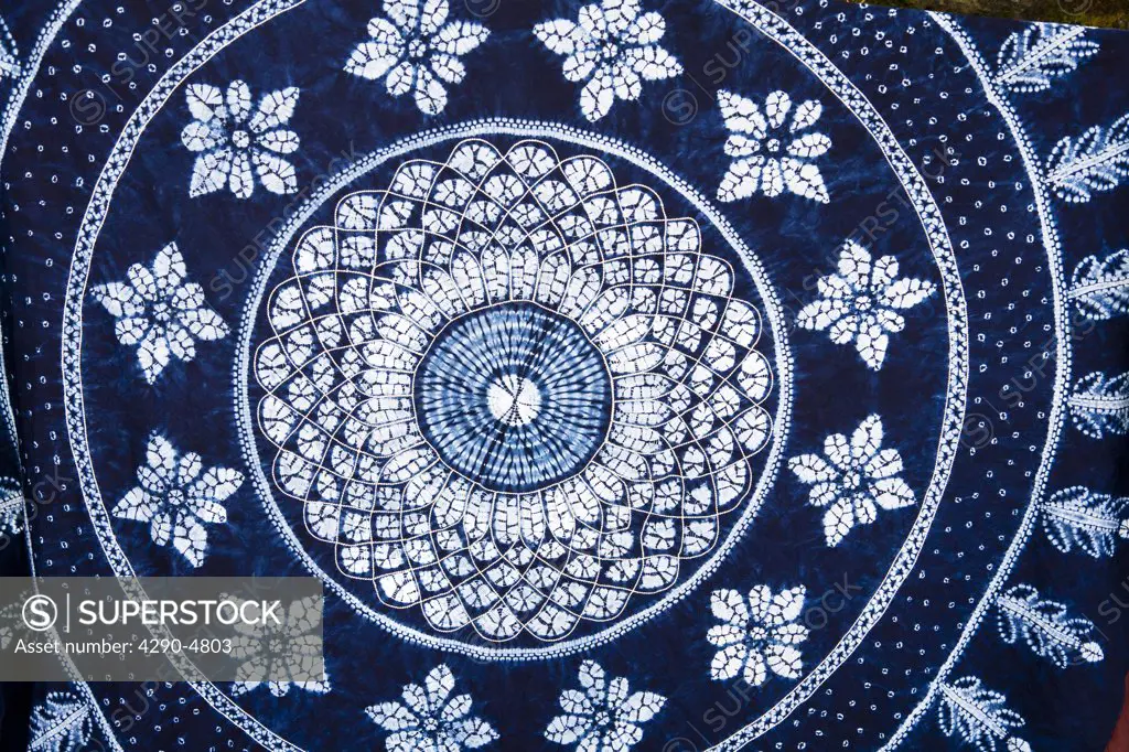 Colourful blue and white tie dyed tablecloth, Baisha, Yunnan Province, China