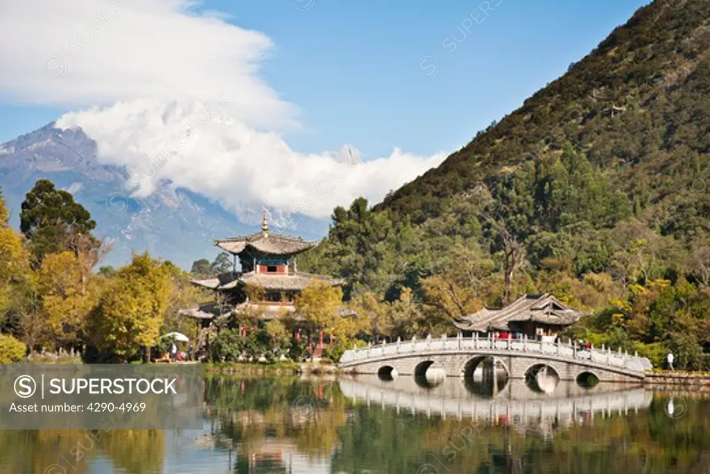 Black Dragon Pool, Jade Dragon Snow Mountain, Deyue pavilion, Suocui bridge, Lijiang, Yunnan Province, China