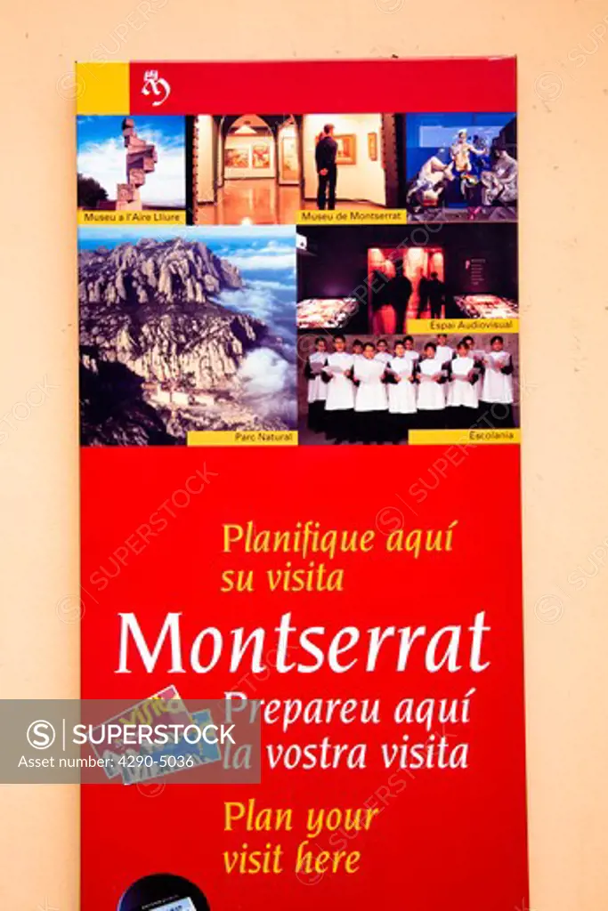 Advertisement outside tourist information office, Montserrat, near Barcelona, Spain