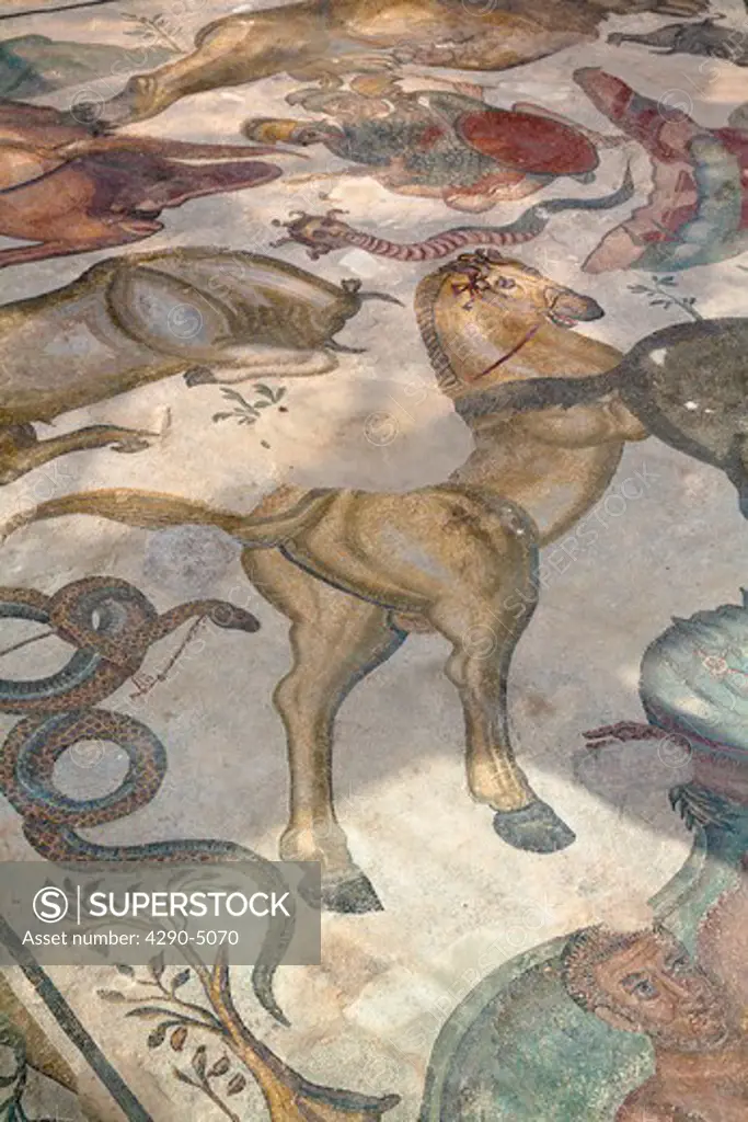 Part of Labours of Hercules mosaic in Triclinium, dining room, Villa Romana del Casale, Piazza Armerina, Sicily, Italy