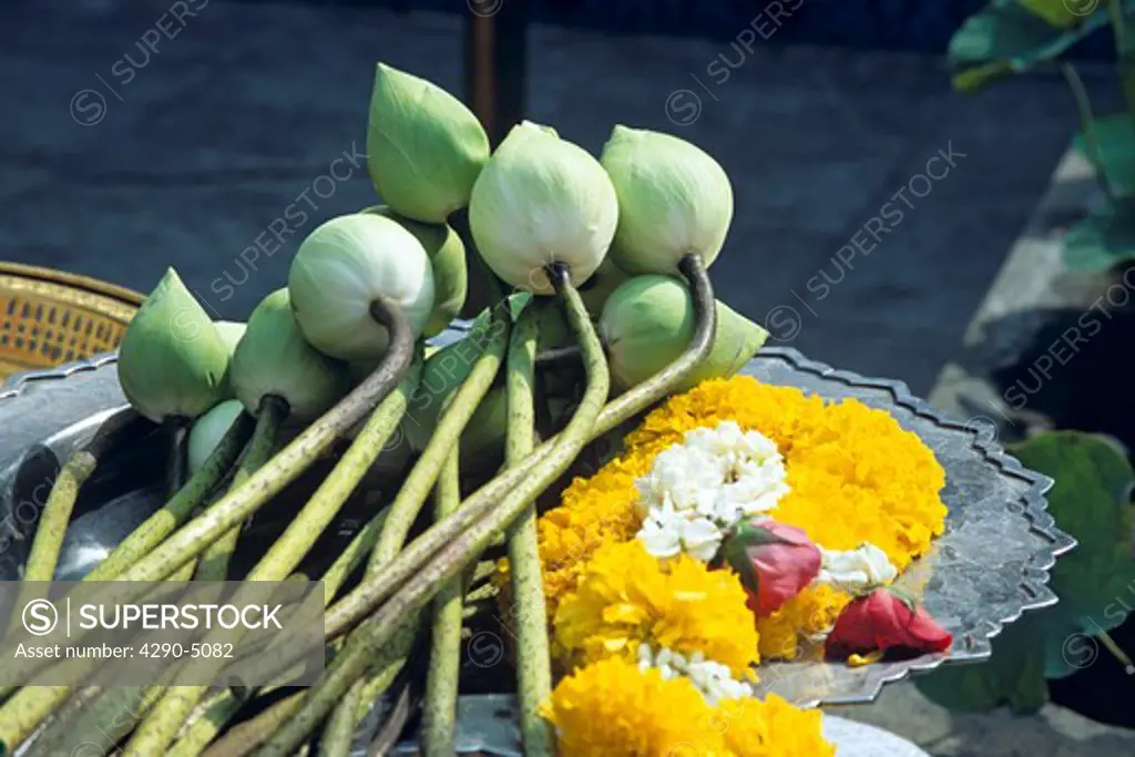 Lotus flowers and marigold offerings, Grand Palace, Bangkok, Thailand