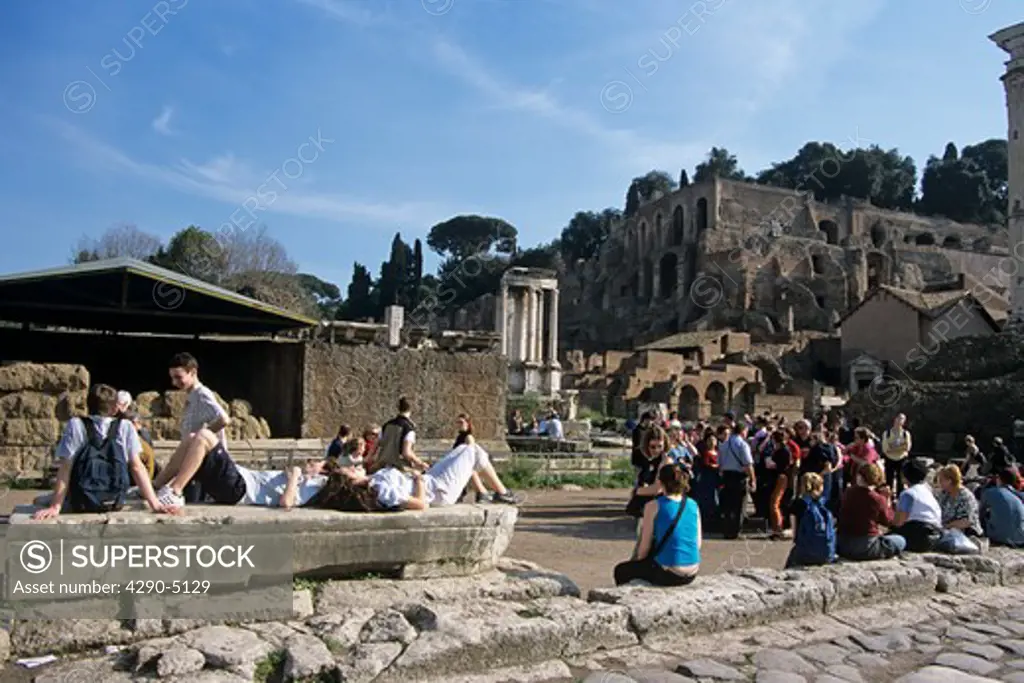 Tourists in front of the Temple of Vesta, the Forum, Rome, Italy