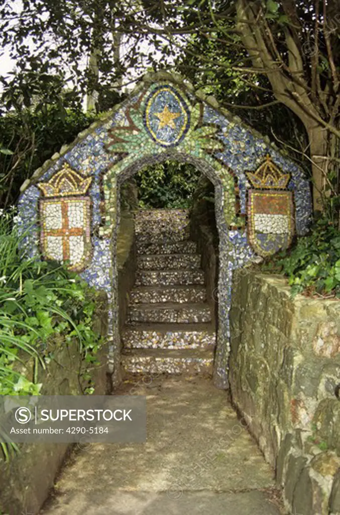 Mosaic archway and steps at the Little Chapel at Les Vauxbelets, St Andrew, Guernsey, Channel Islands