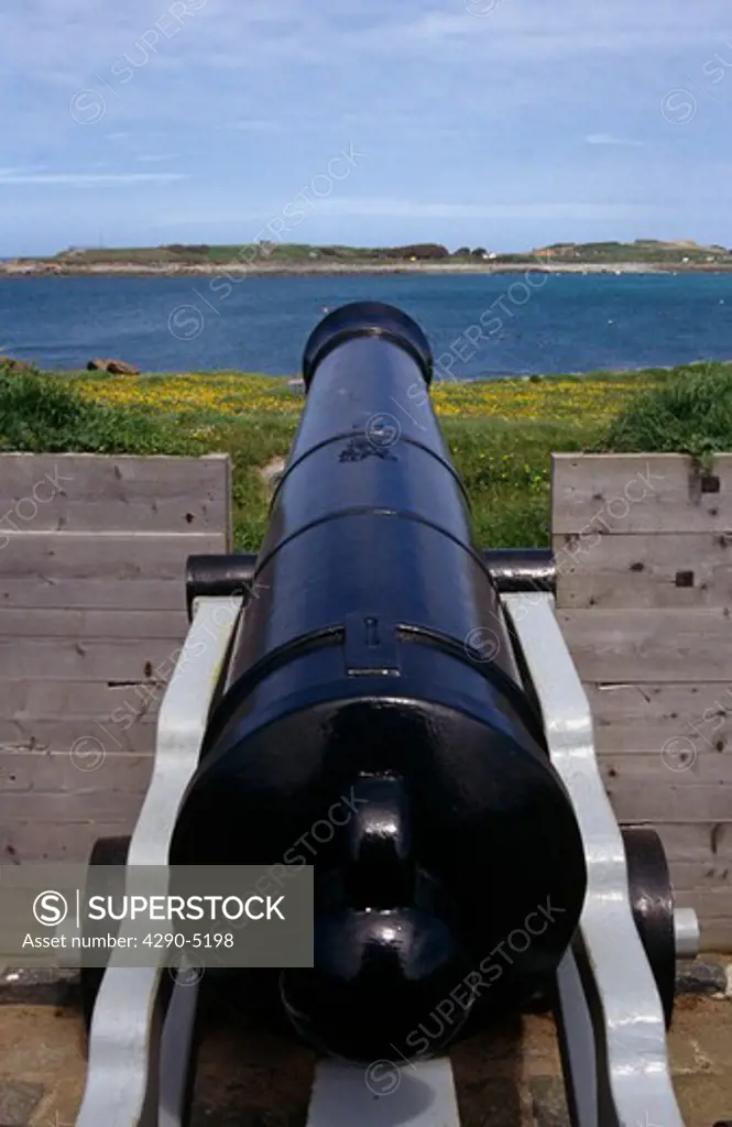 Cannon pointing out to sea at Rousse Tower, Guernsey, Channel Islands