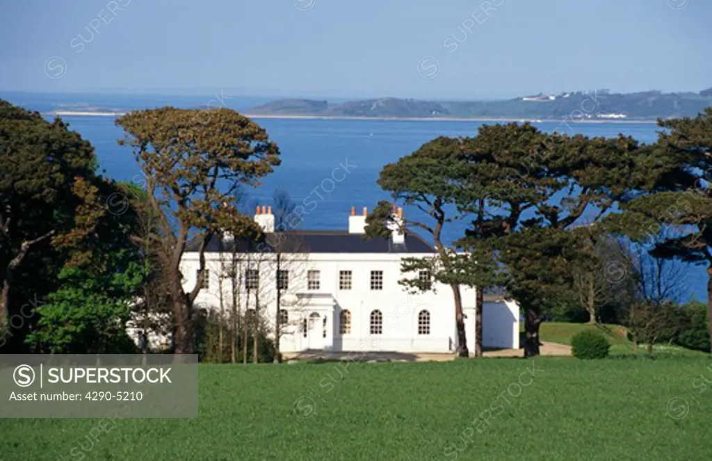 White Georgian or Queen Anne style house overlooking the sea, near St Peter Port, Guernsey, Channel Islands
