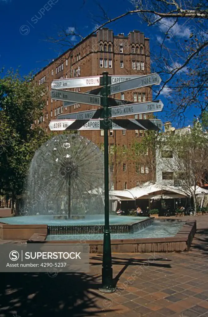 El Alamein Fountain and city and country distance sign, near Kings Cross, Sydney, New South Wales, Australia