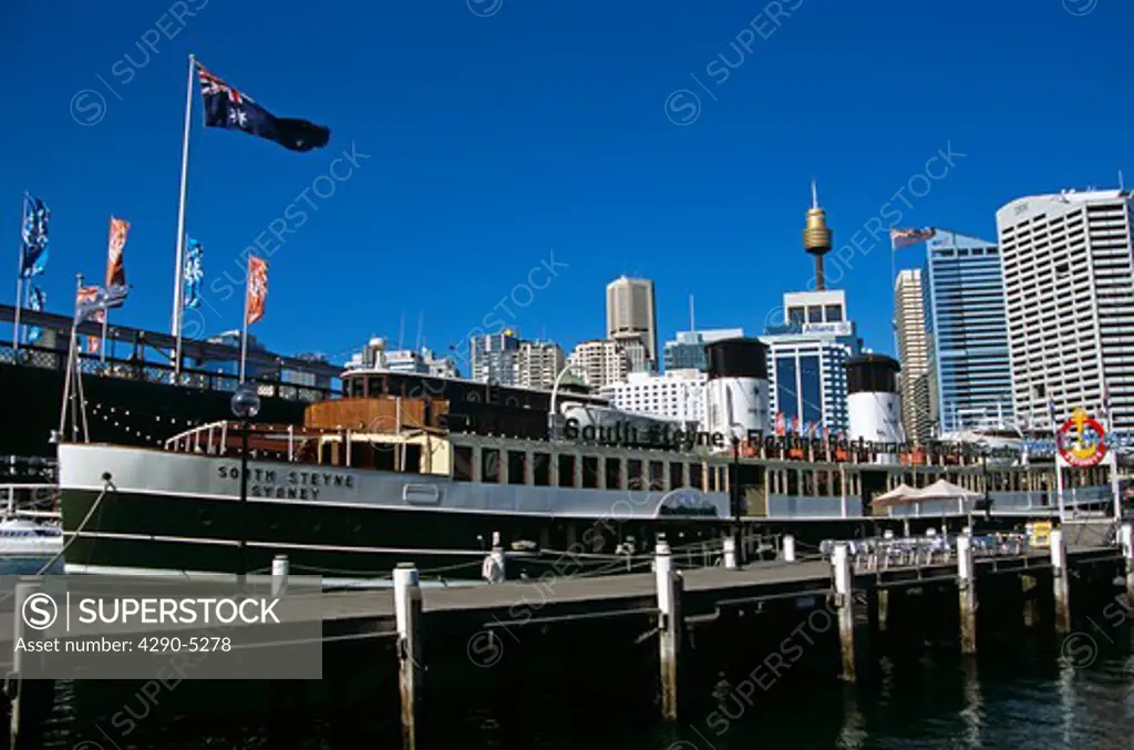 Darling Harbour, South Steyne steamer (restaurant), and Pyrmont Bridge, Sydney, New South Wales, Australia