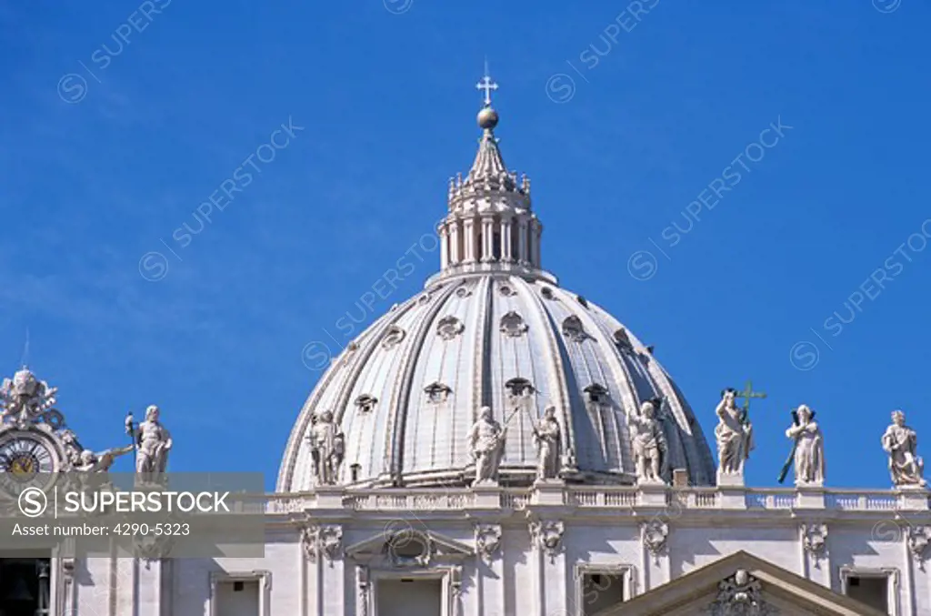 Saint Peters Basilica clock tower and dome, Saint Peters Square, Piazza San Pietro, Rome, Italy