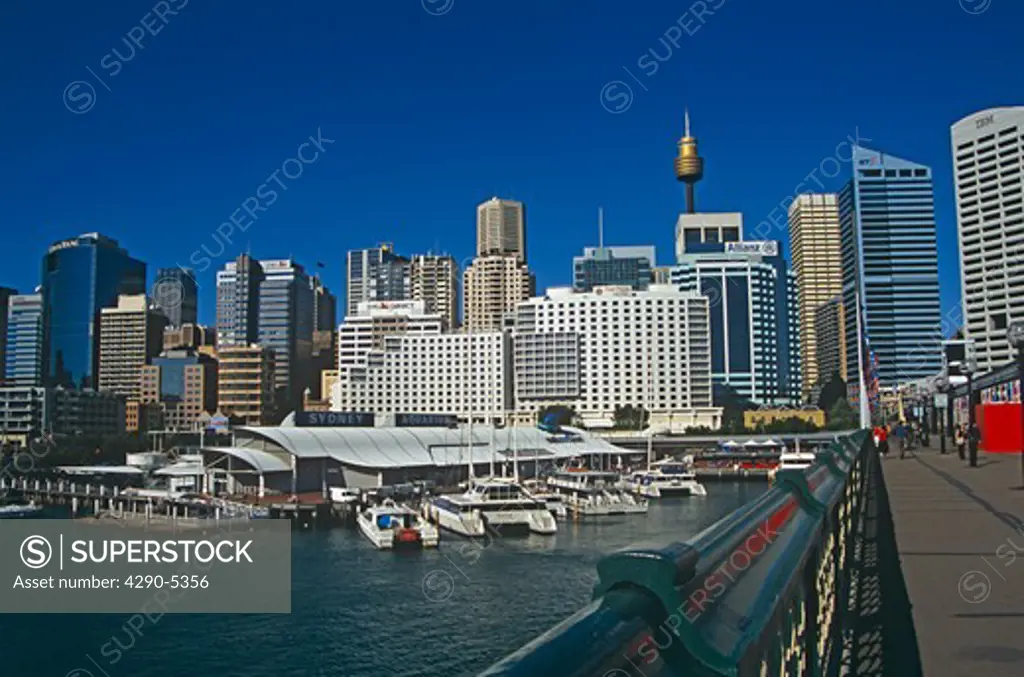 Skyline and Pyrmont Bridge, Darling Harbour, Sydney, New South Wales, Australia
