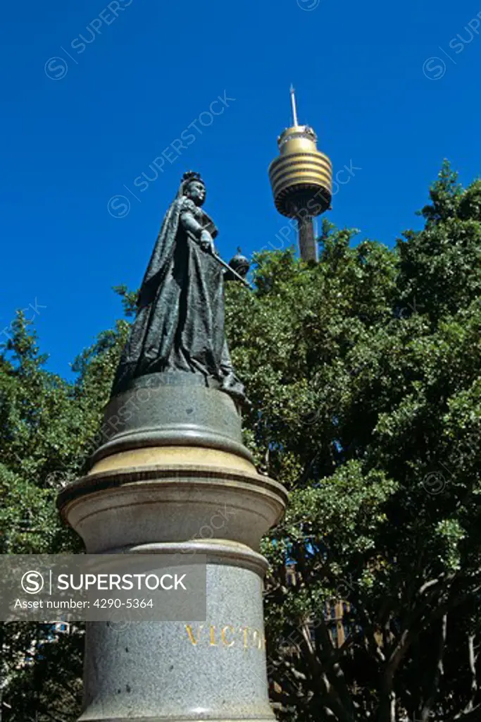 Queen Victoria Statue, Hyde Park, and Westfield AMP Centrepoint Tower, Sydney, New South Wales, Australia