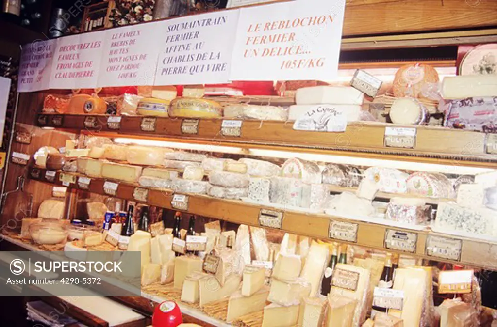 Cheeses on display in a delicatessen, Paris, France