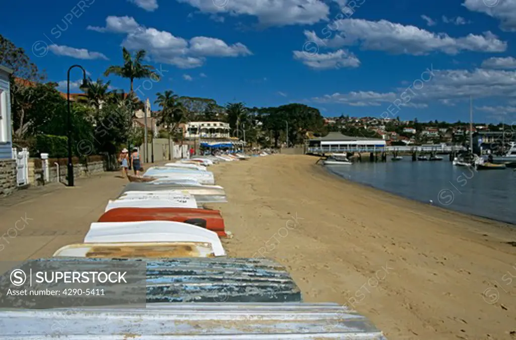 Row of upturned boats along beach promenade, Watsons Bay, Sydney, New South Wales, Australia