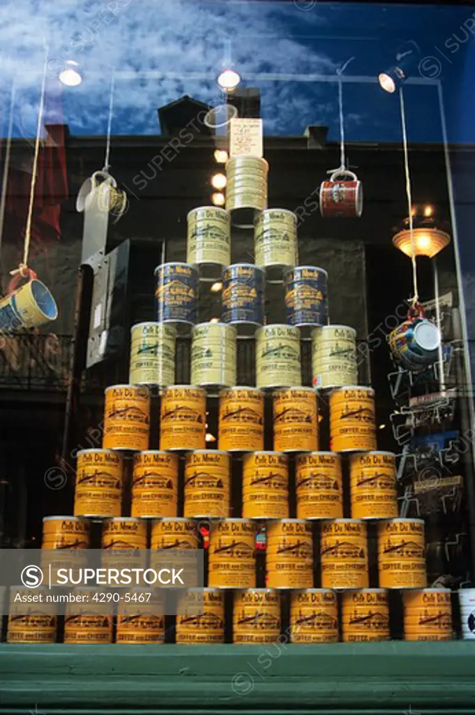 Tins of coffee and chicory in window, Café Du Monde shop, French Quarter, New Orleans, Louisiana, USA