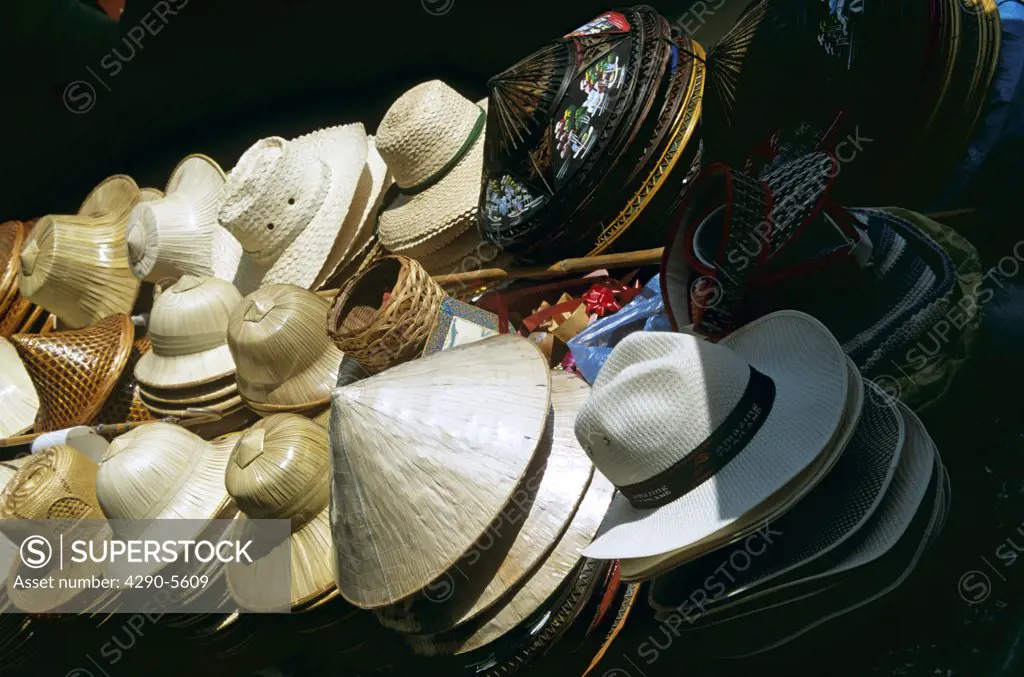 Hats on sale, Damnoen Saduak floating market, Ratchaburi Province, near Bangkok, Thailand