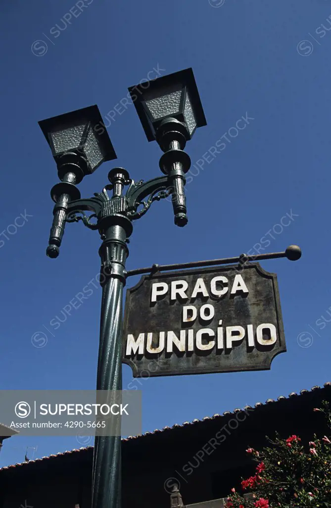 Praca Do Municipio street sign and street light, Municipal Square, Funchal, Madeira
