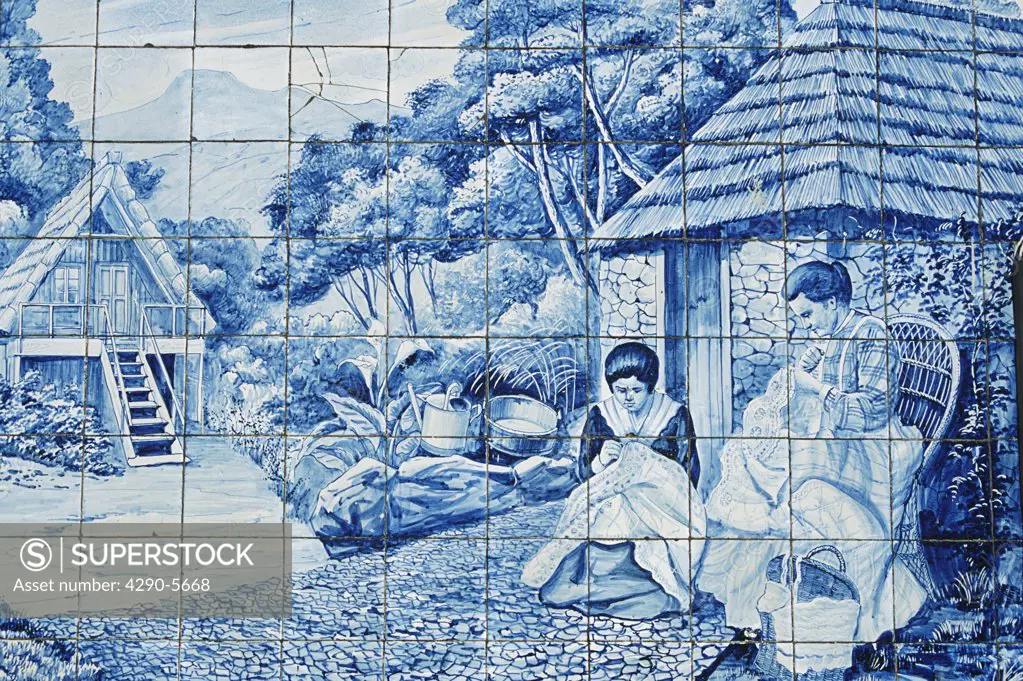 Panel of 1920s Azulejos tiles on outside of Toyota showroom, Avenida Arriaga, Funchal, Madeira
