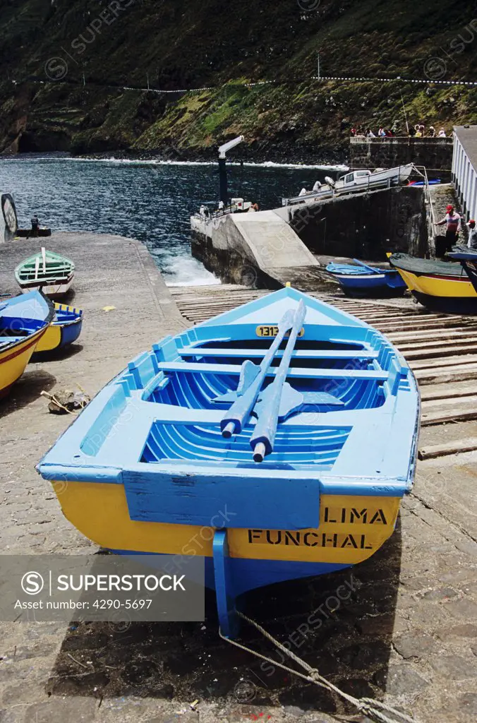 Colourful painted fishing boat on slipway, Porto Do Moniz, Madeira