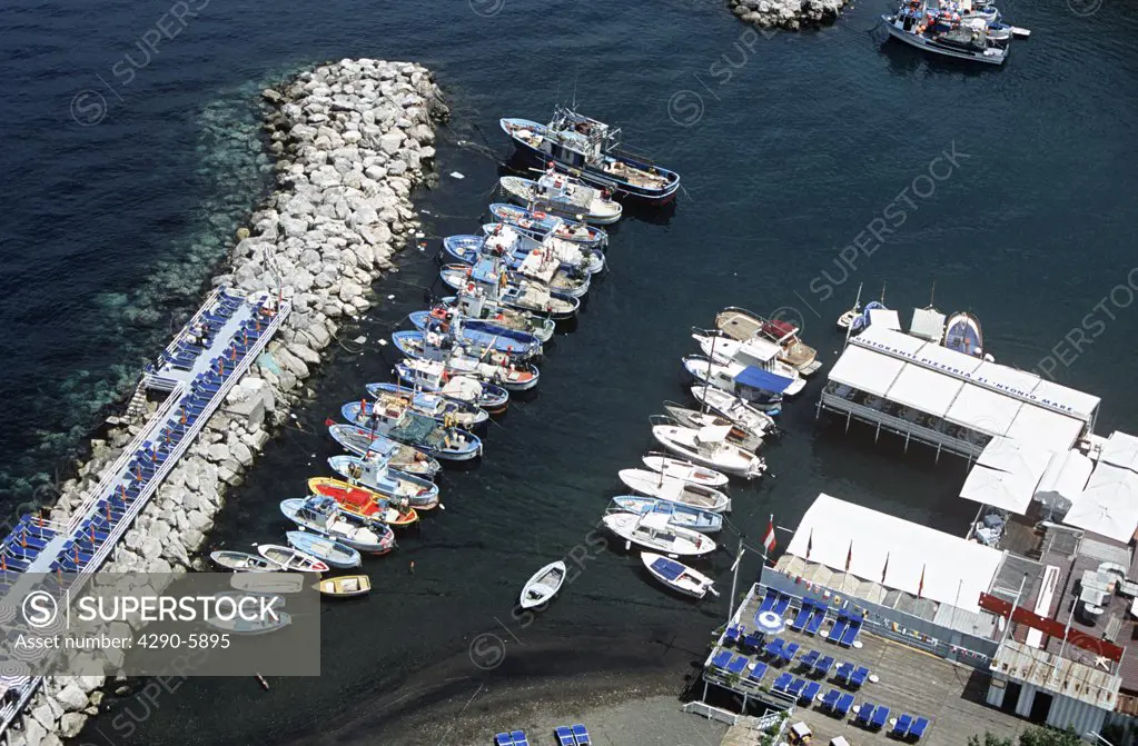 Overlooking fishing boats moored in Marina Grande, Sorrento, Bay of Naples, Italy