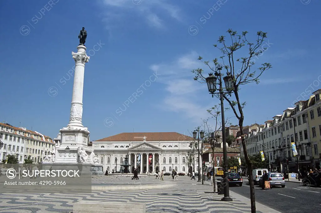 Dom Pedro IV statue, and National Theatre, Teatro Nacional De Dona Maria II, Rossio Square, Lisbon, Portugal