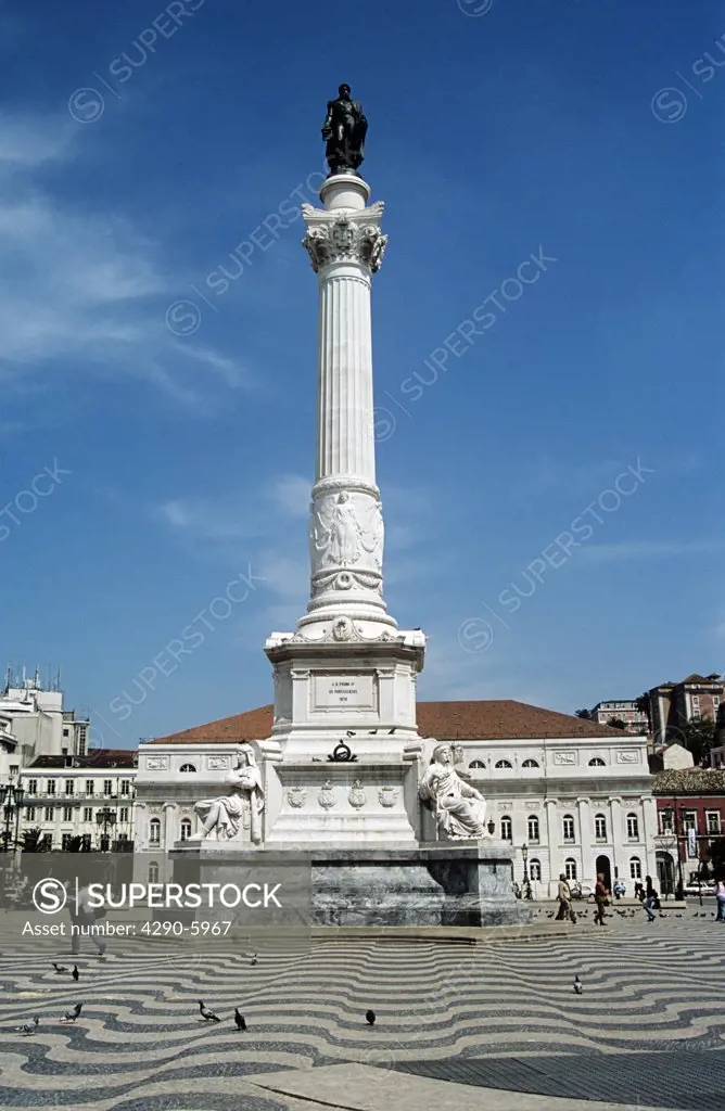 Dom Pedro IV statue, and National Theatre, Teatro Nacional De Dona Maria II, Rossio Square, Lisbon, Portugal