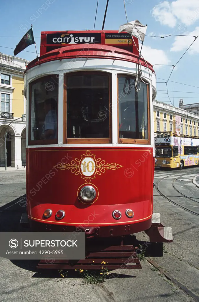 A tram used as a ticket booking office, Commercial Square, Praca Do Comercio, Lisbon, Portugal