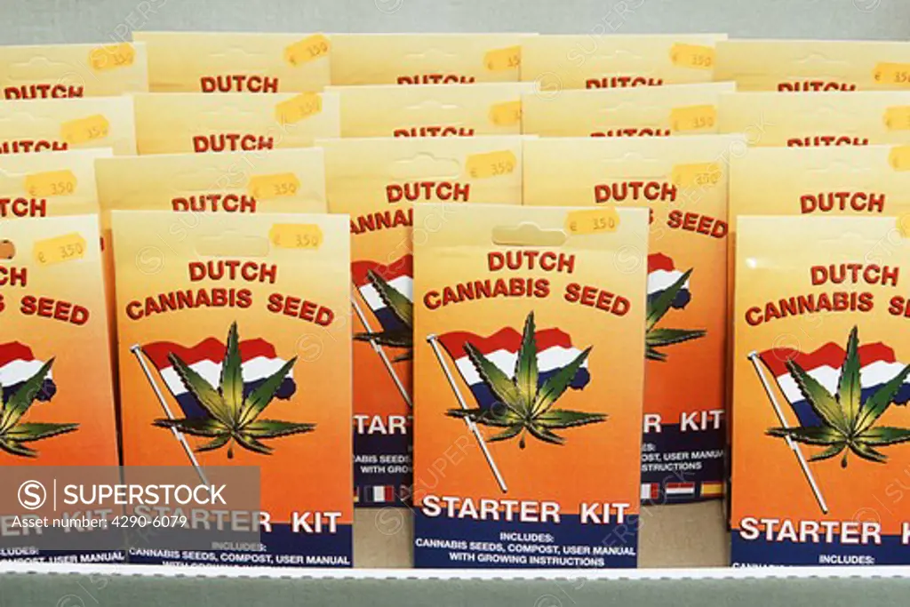 Dutch cannabis seeds for sale in outdoor street flower market, Amsterdam, Holland