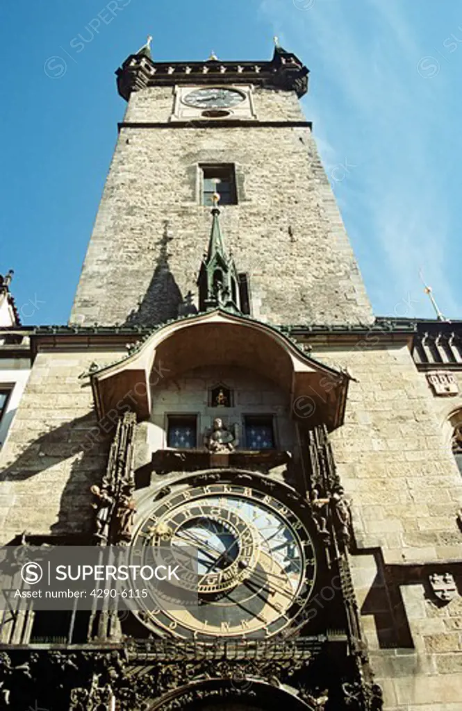 Astronomical clock, also known as Prague Orloj, on town hall tower, Staromestska Radnice, Prague, Czech Republic
